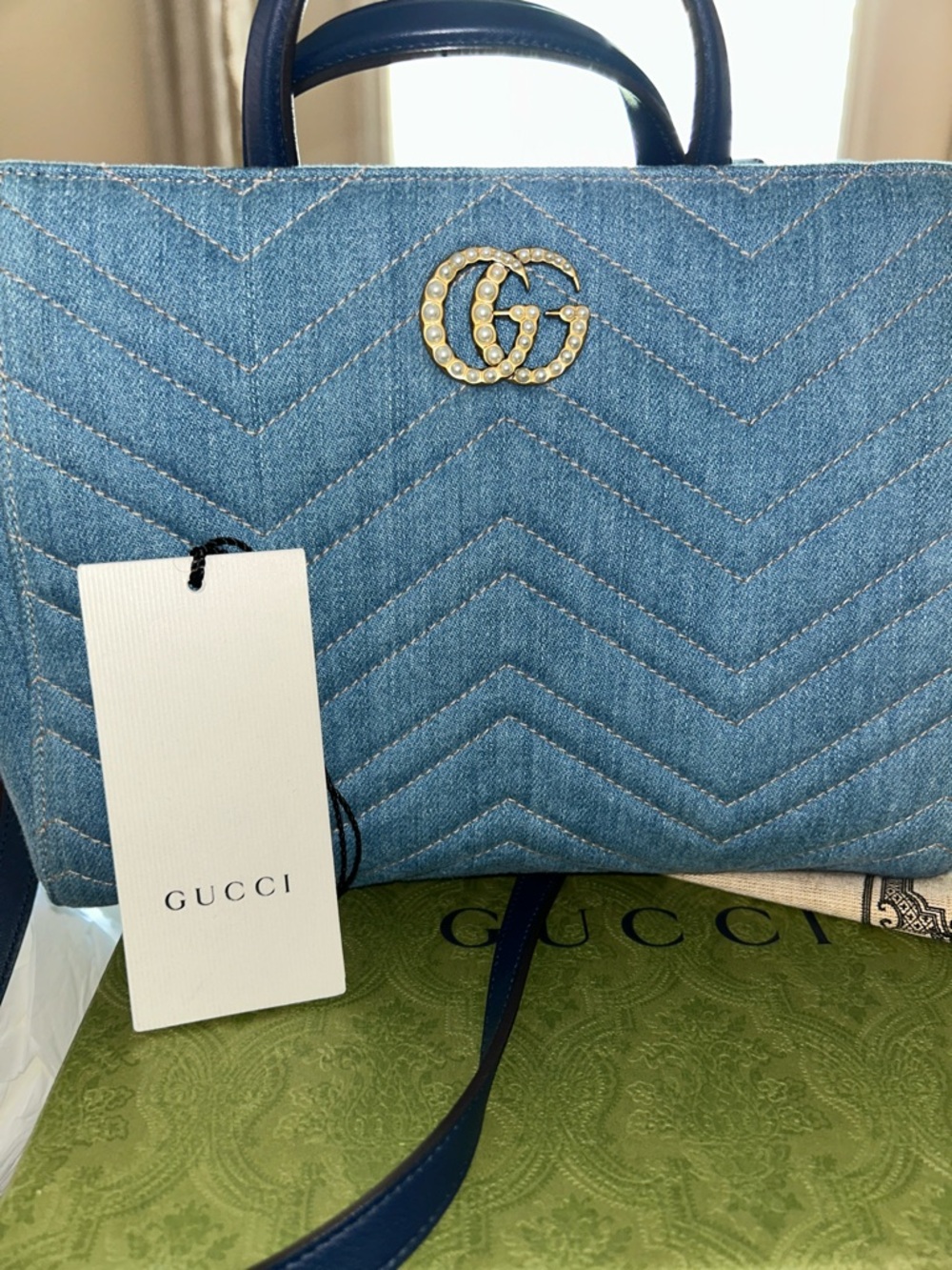 Gucci Light Blue Denim Top Handle Satchel with Pearl GG - Picture 8 of 8